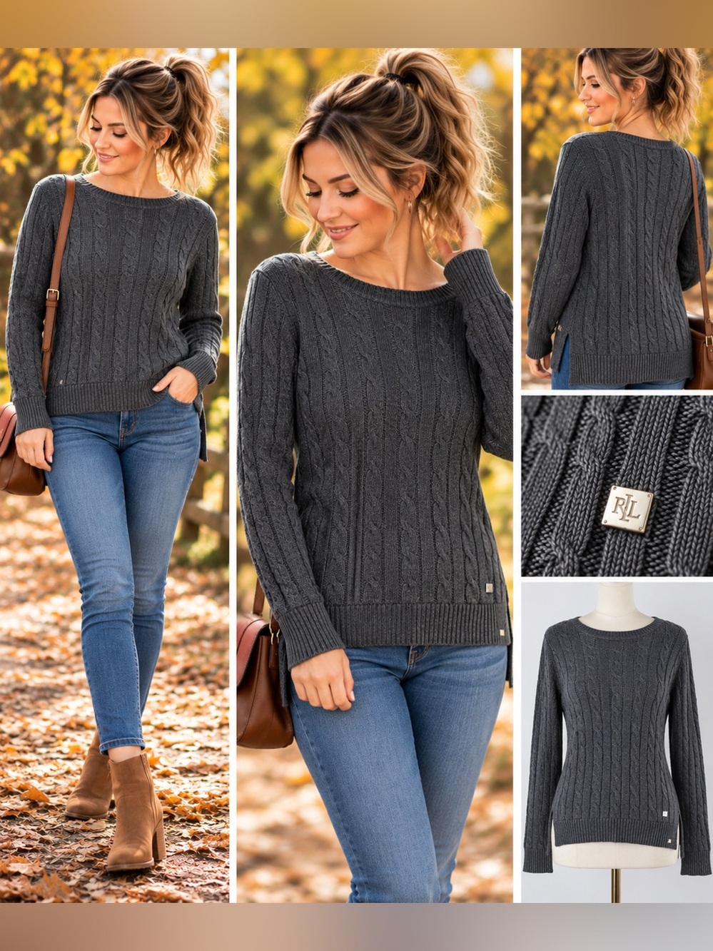 Lauren Ralph Lauren Cable Knit Cotton Sweater Small Charcoal Grey